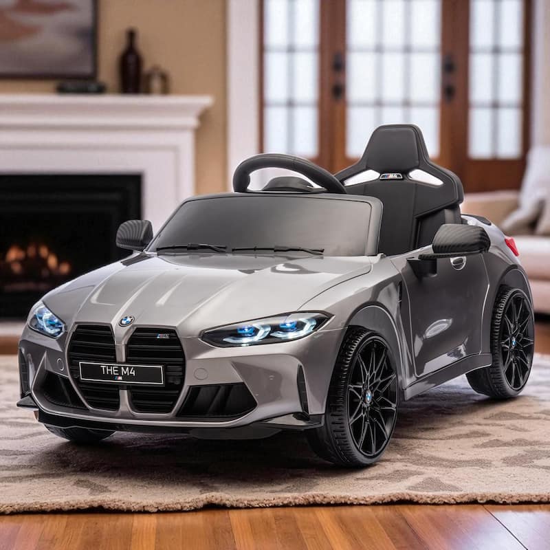 BMW M4 24V Kids Ride On Car with Remote Control, 3-Speed, Bluetooth, USB/MP3, LED Lights, Story Mode & Pull Handle Design - Silver