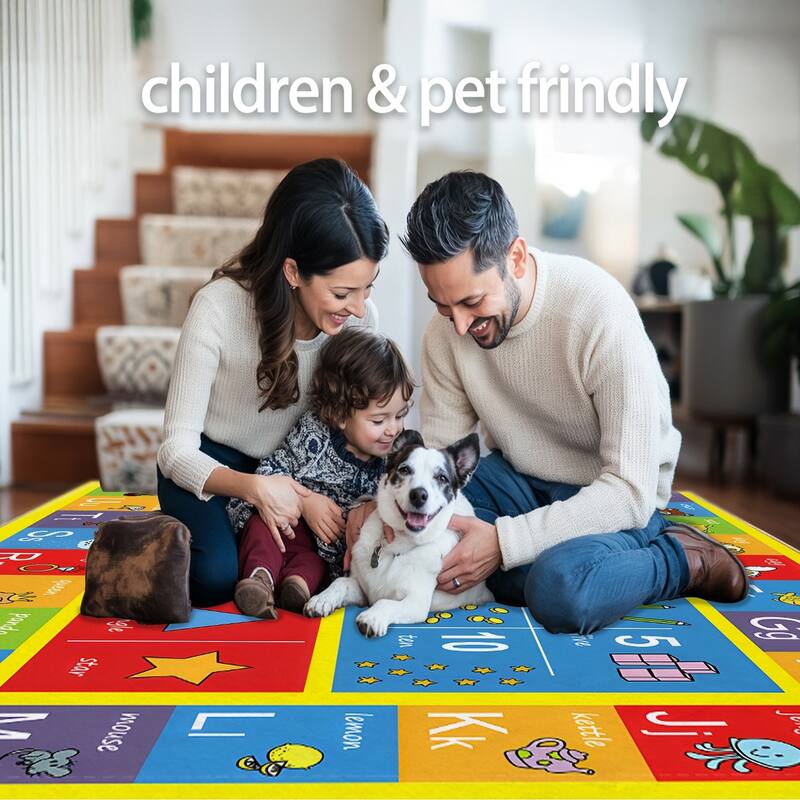 ABC Alphabet, Numbers and Shapes Educational Game Play Area Rug for Children Bedroom, Toddler Classroom and Baby Playroom Mat