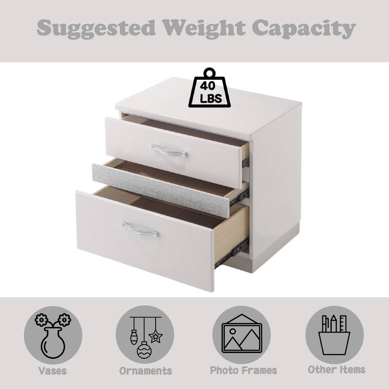 White High Gloss Finish Nightstand with Three Drawers and Jewelry Storage
