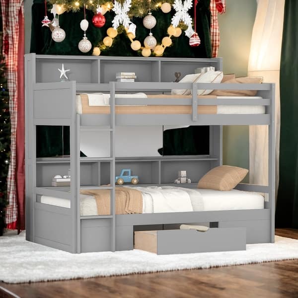 slide 2 of 14, Multi-functional Twin Size Bunk Bed with Built-in Shelves Beside both Upper and Down Bed and Storage Drawer, Grey Grey
