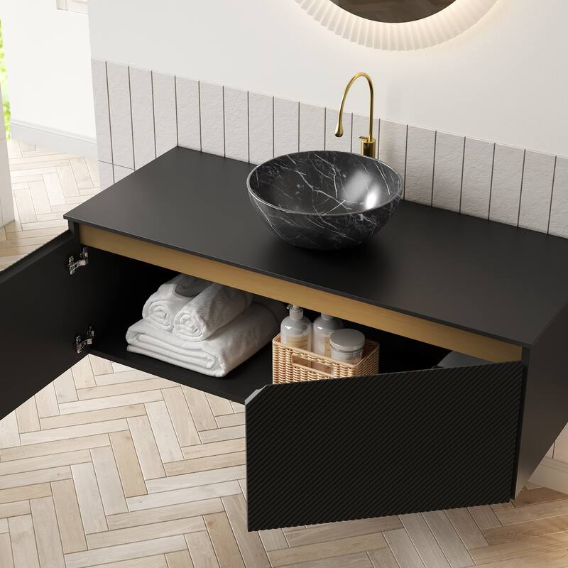 48" Bathroom Vanity&Sink,Wall-Mounted Floating Plywood Storage Cabinet,Twill Double Doors,Bowl Ceramic Vessel Basin&Stone Top
