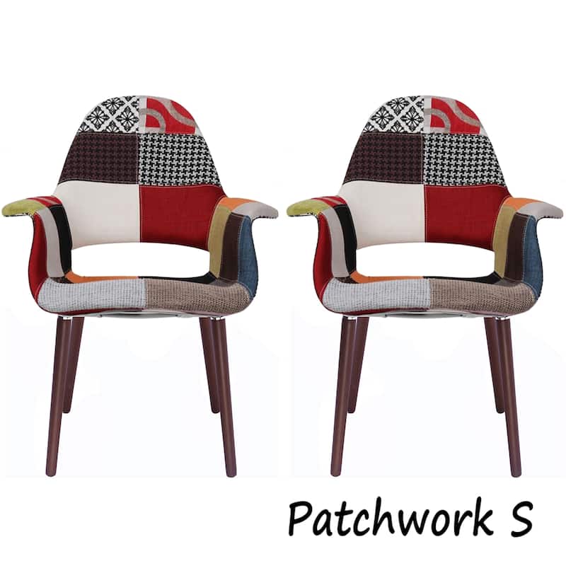 Set of 2 Organic Upholstered Fabric Modern Armchairs with Dark Walnut Brown Wooden Legs for Dining Room Office or Accent Chair - Patchwork S