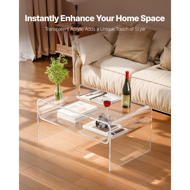 Clear Transparent Acrylic 2-Tier Coffee Table with Sturdy Metal Connectors and Storage - 19.7 x 31.5 x 15 in