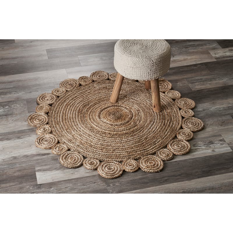Bera Boho Braided Tan/Off-White Round Jute Indoor Area Rug by Sevita