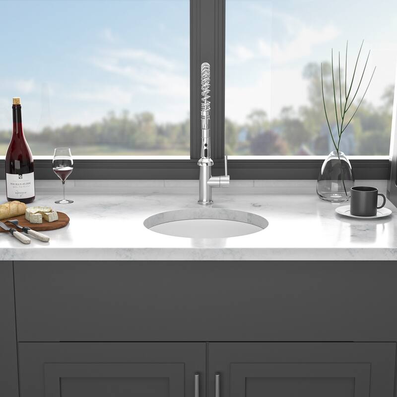 18'' Undermount Single Bowl Porcelain Fireclay Circular Kitchen Sink in White with Drain Assembly and Bottom Grid - 18'' x 18'' x 9'' - White