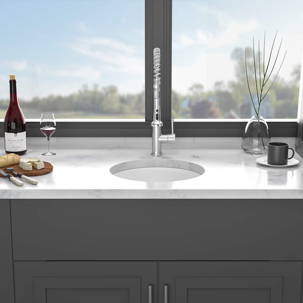 18'' Undermount Single Bowl Porcelain Fireclay Circular Kitchen Sink in White with Drain Assembly and Bottom Grid