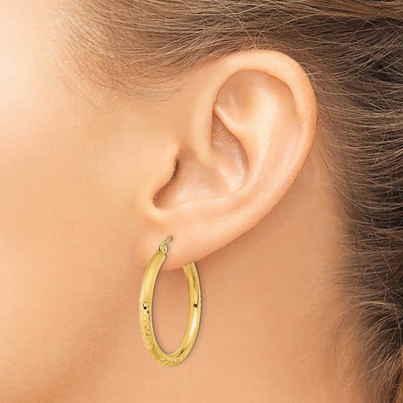 Curata 14k Yellow Gold Polished Satin and Sparkle Cut Endless Hoop Earrings - 32.28x30.58mm
