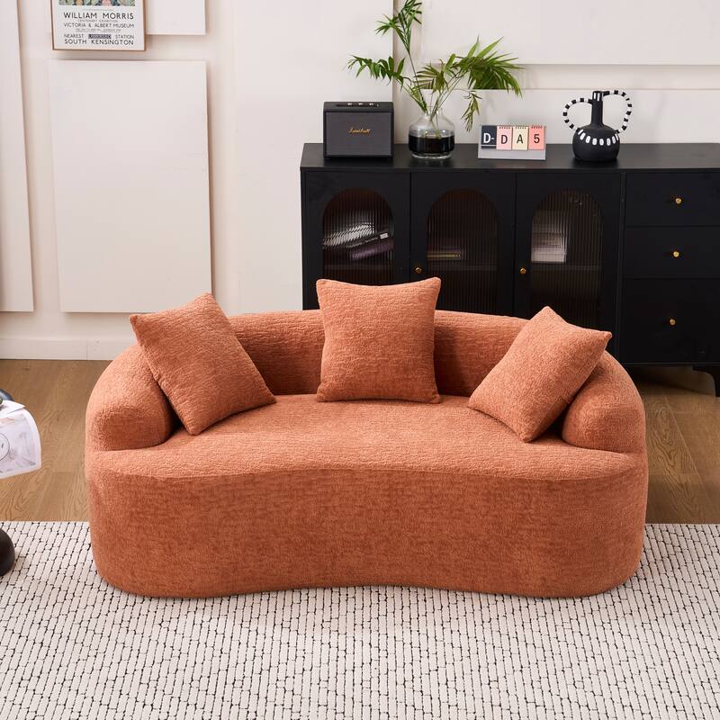 Chenille Deep Seat Loveseat Sofa, Full Compression Sponge Curved Loveseat Sofa, Cloud Floor Couch with 3 Pillows - Coral