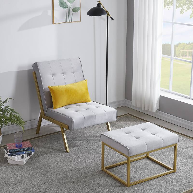 Gold Metal Frame Velvet Accent Chair with Ottoman