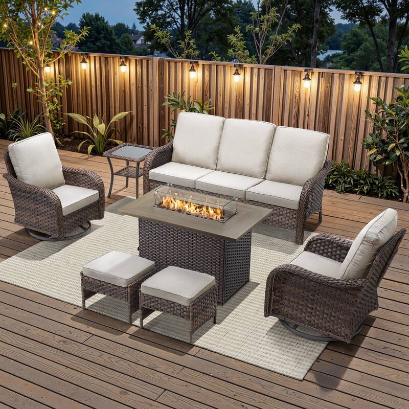 Cavira Brown Wicker Patio Fire Pit Conversation Set with Swivel Gliders - Beige Cushions - 7-Piece