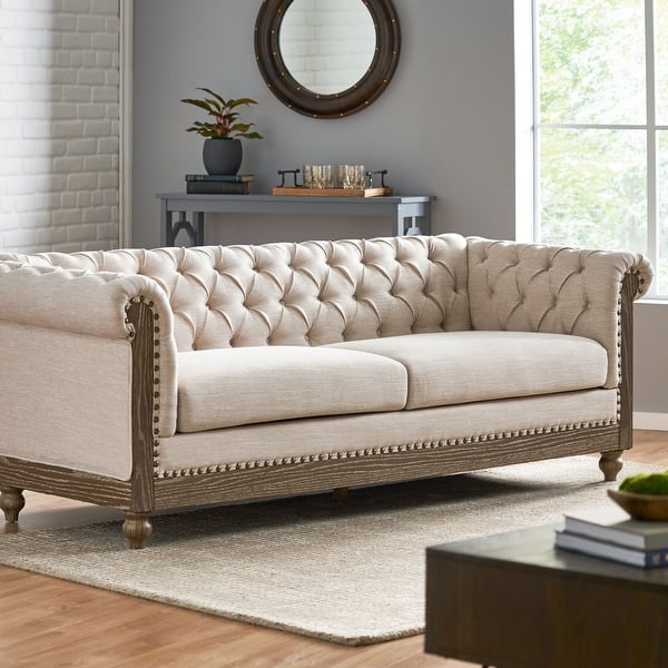 slide 27 of 57, Castalia Nailhead Trim Chesterfield Sofa by Christopher Knight Home - 78.75" L x 33.50" W x 28.00" H Fabric + Beige, Dark Brown