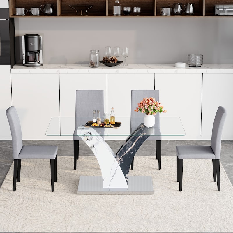 Stylish Dining Table and Chair Set, Modern Rectangular Glass Table with Upholstered Linen Chairs for Kitchen, Dining Room