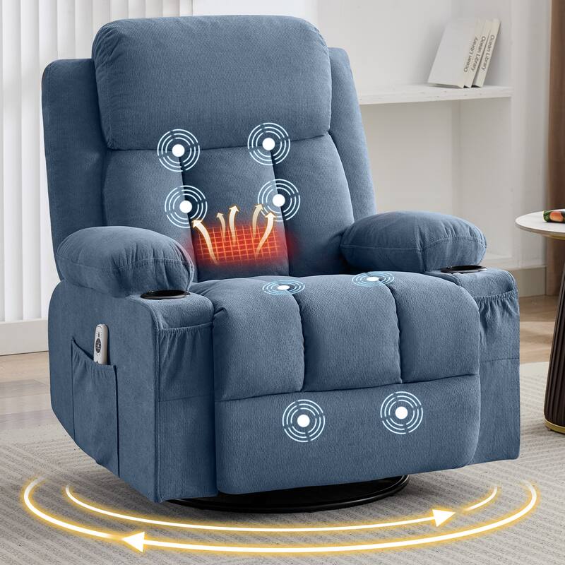Swivel Rocker Recliner Chair with Vibration Massage & Heat, USB Port & Cup Holders for Living Room