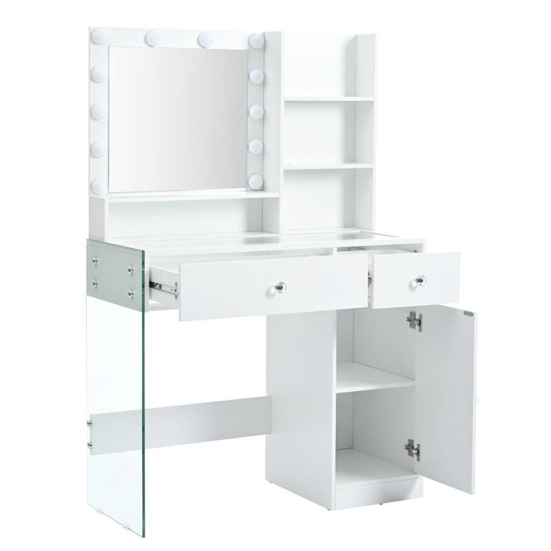 Modern Vanity Desk with Mirror and 3 Lighting Modes, crystal knob handles， Glass Top and Storage , Charging Station