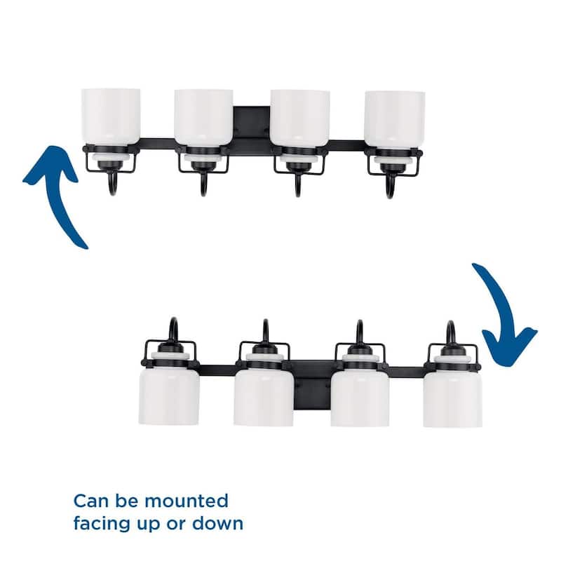 Fessler Collection Four-Light Matte Black Opal Glass Farmhouse Bath Light - 29.12 in x 7.12 in x 9.12 in
