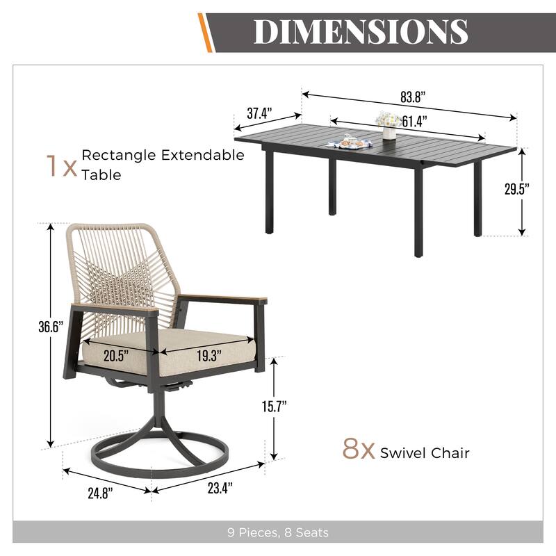 MAISON ARTS 7/9 Pieces Patio Dining Set with Extendable Table and Cushioned Woven Rattan Dining Chairs