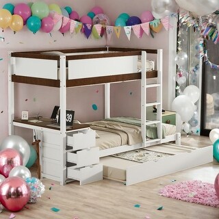 Modren Twin over Twin Bunk Bed With Twin size Trundle,Storage And Desk,Solid Construction for Bedroom