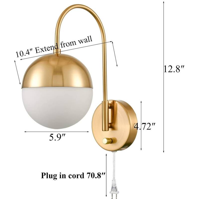 Modern Gold Wall Lamp Brass Finished Plug in Wall Light with Opal White Glass Shade Bathroom Vanity Sconce