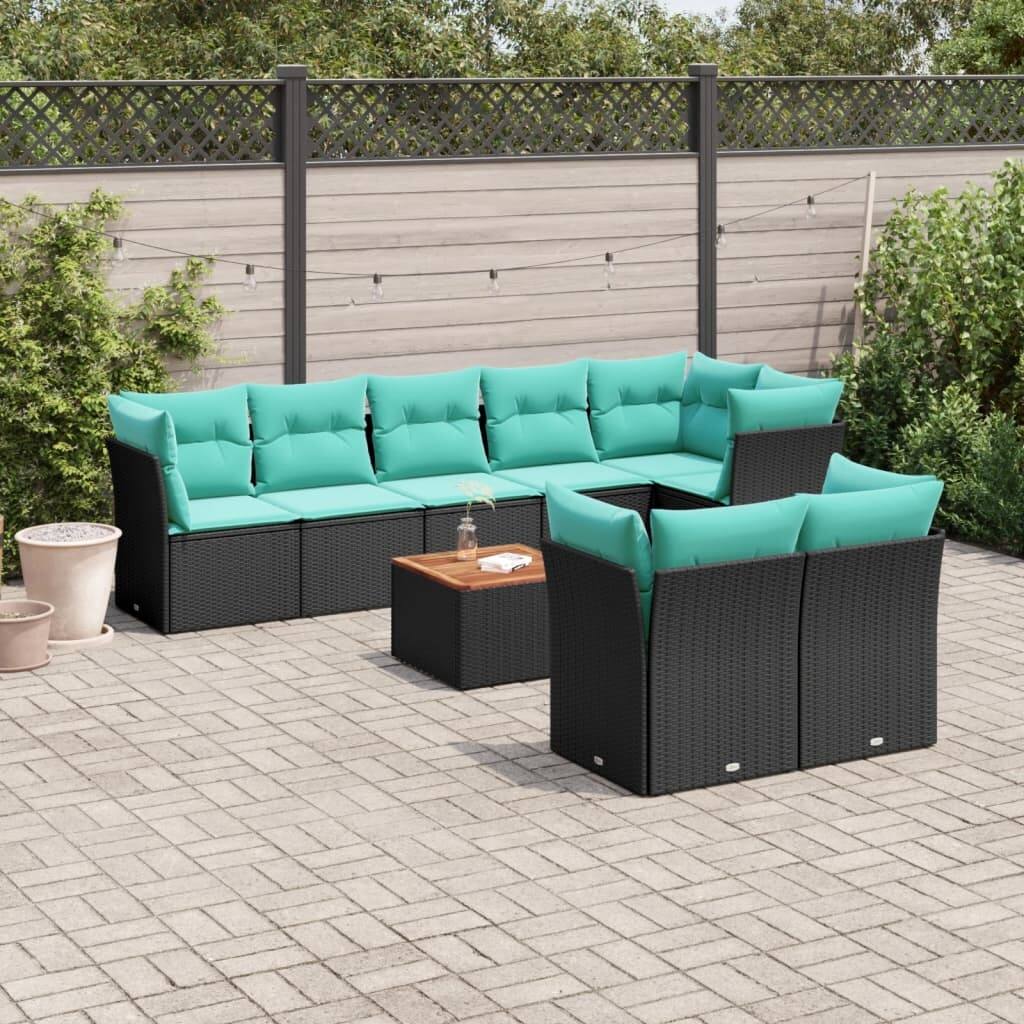 vidaXL 9 Piece Patio Sofa Set with Cushions Black Poly Rattan - 24.4 x 24.4 x 27.2