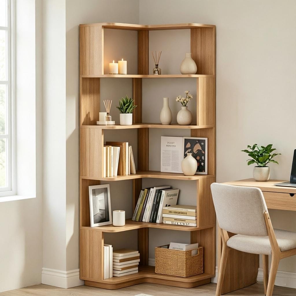 Javlergo 5‑Tier Oak L‑Shaped Corner Bookshelf Space‑Saving Open Display Shelf Unit for Small Spaces Living Room Bedroom Home