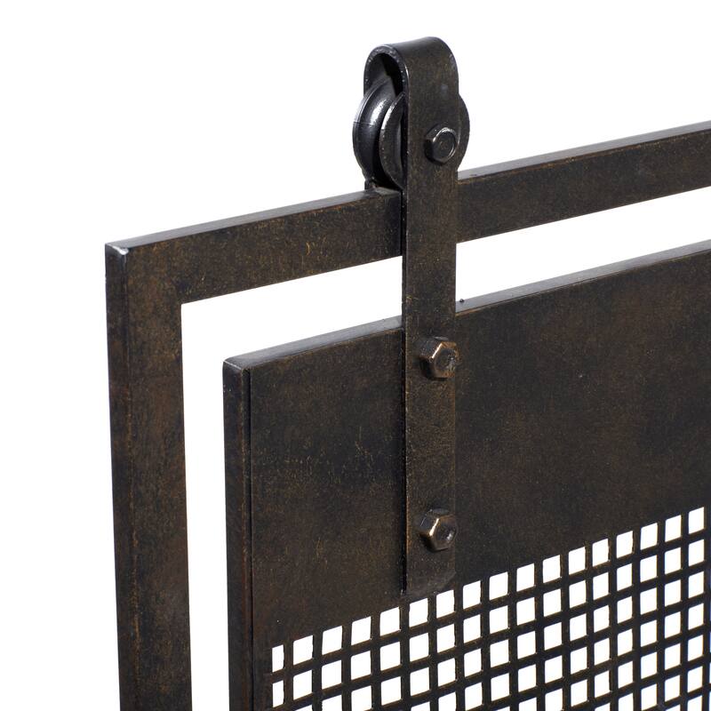 Black Metal Suspended Grid Single Panel Geometric Fireplace Screen with Bolted Detailing
