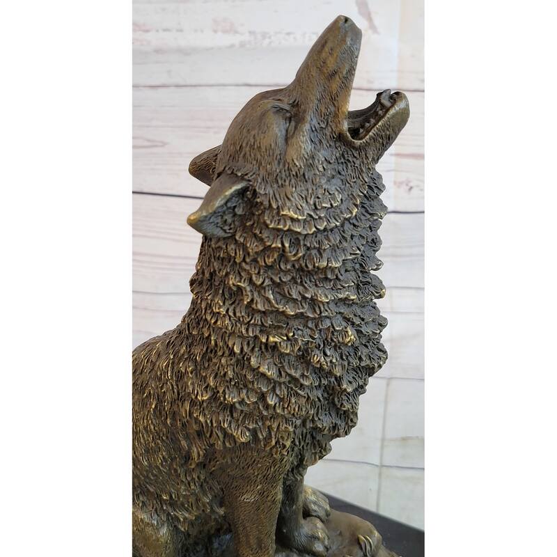 Lost Wax Bronze Casting Of Howling Wolf On Marble Base By Milo