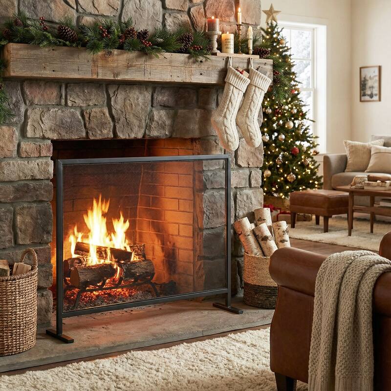 Christopher Knight Home - Regina Modern Iron Fireplace Screen with Fine Mesh Guard - 38" W x 30" H - 38" W x 30" H - Black