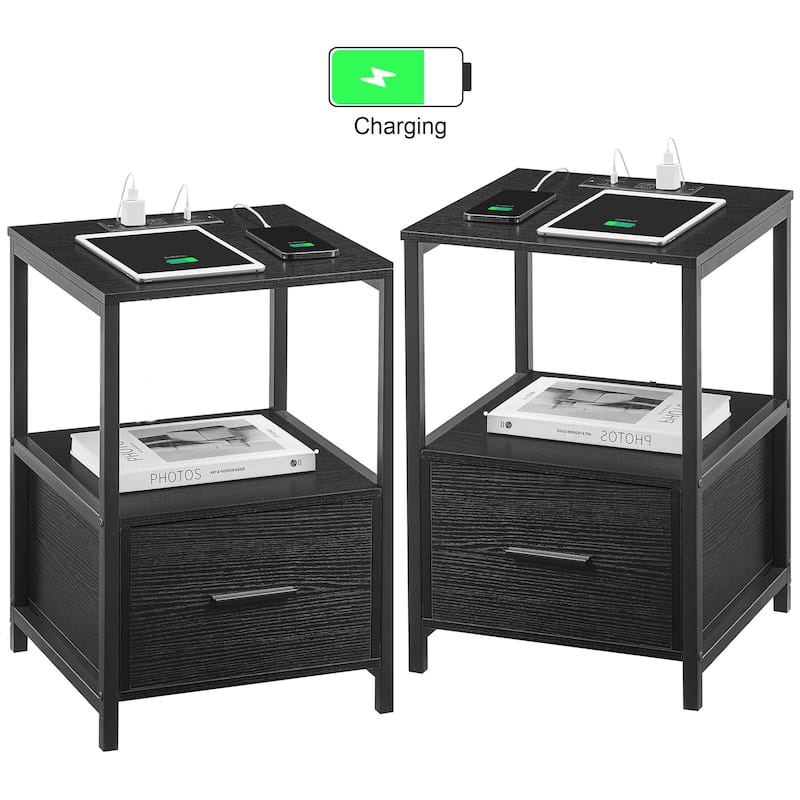 VECELO 2-Pack Nightstand Set with Charging Station 2 USB & 2 AC Outlets Compact End Table for Small Spaces (Set of 2) - Black