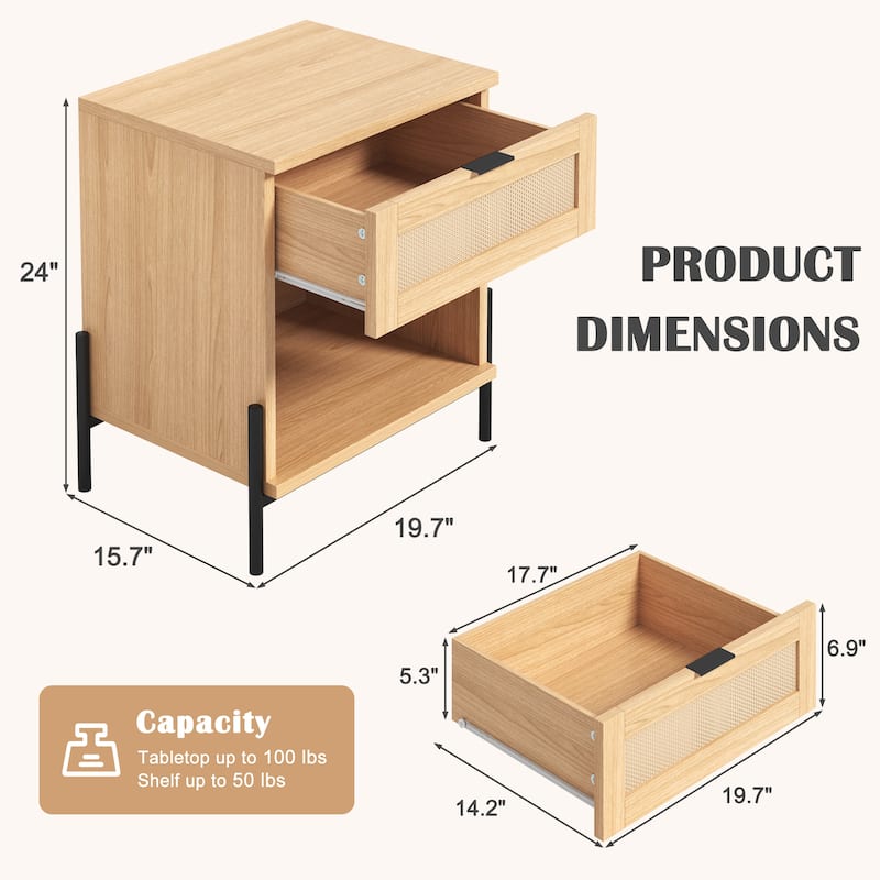 EROMMY Rattan Nightstand Set of 2, Boho Bedside Tables with Drawer and Open Shelf, 19.7" Wide End Tables for Bedroom