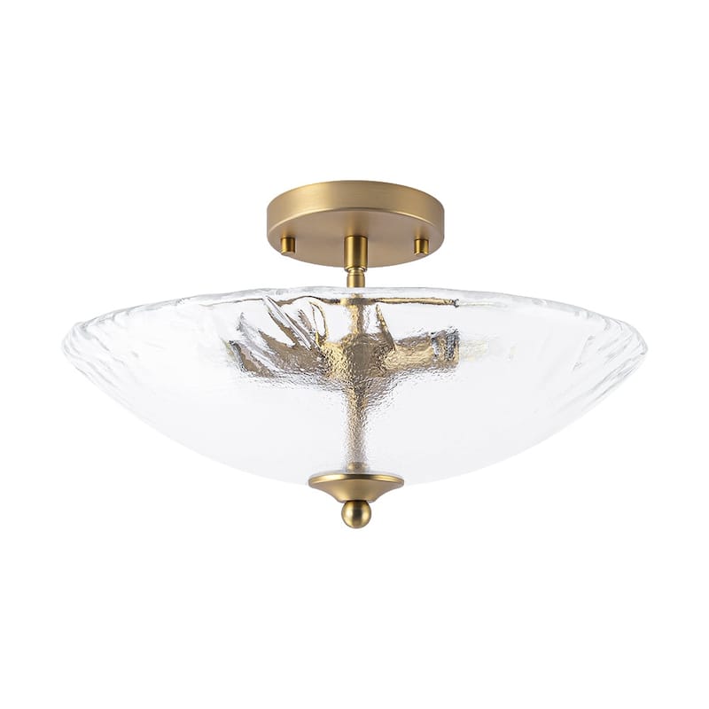 Mid-Century Brass Round Glass Bowl Semi Flush Ceiling Light 15in