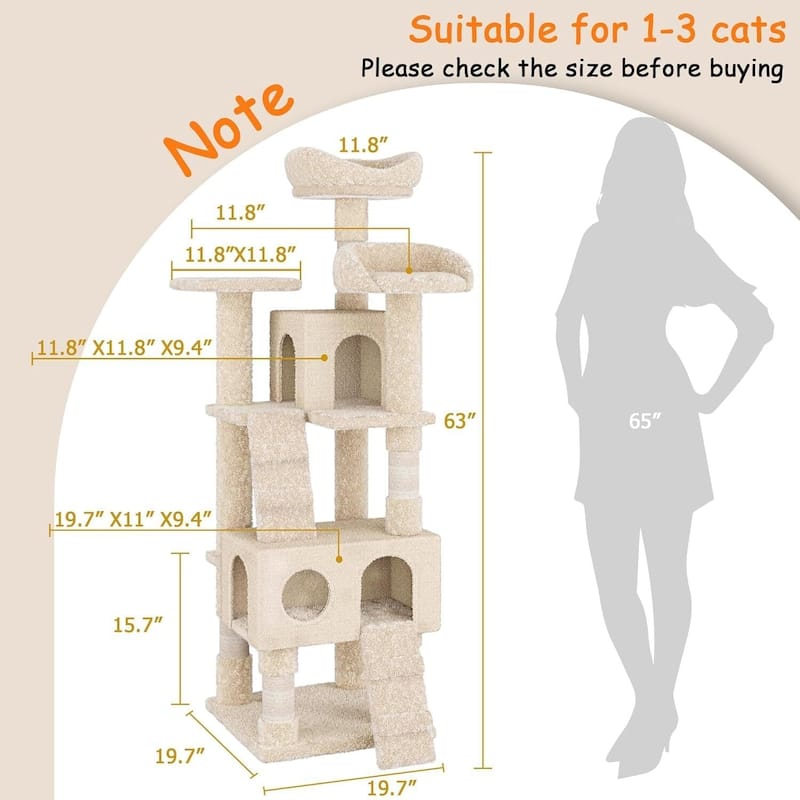 63" Multi-Level Cat Tree Tower for Indoor Cats Ladders, Beige - N/A