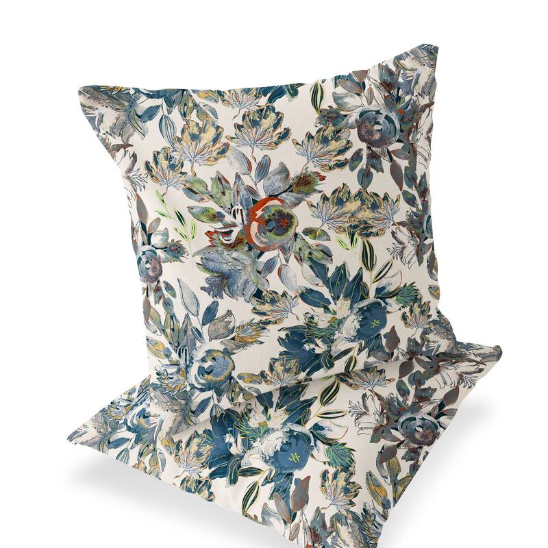 HomeRoots Set of Two 16" X 16" Blue and Green Blown Seam Floral Indoor Outdoor Throw Pillow - 16.00' X '16.00' X '5.00