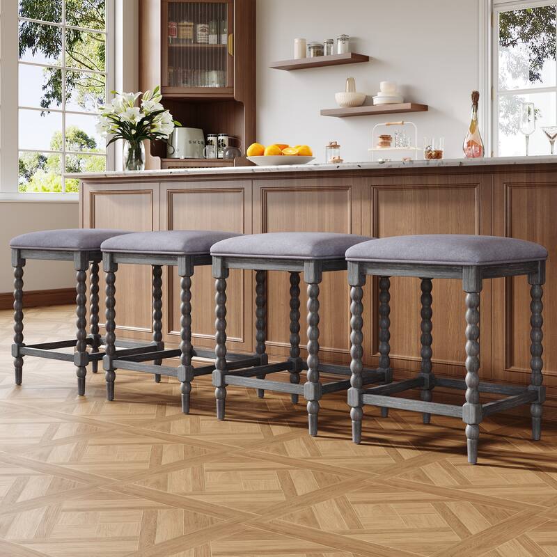 Set of 4 Gray Upholstered Acacia Wood Counter Stools, 26" with Foam-Padded Seat & Open Airy Design for Kitchen Island & Bar