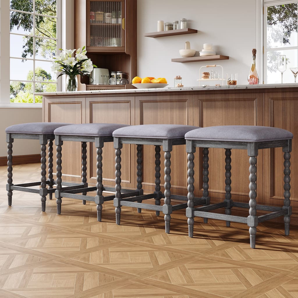 Set of 4 Gray Upholstered Acacia Wood Counter Stools, 26" with Foam-Padded Seat & Open Airy Design for Kitchen Island & Bar