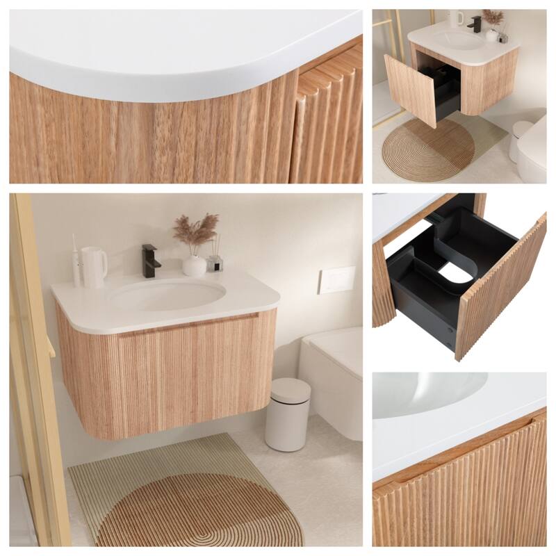 30" Wall Mounted Bathroom Vanity with Sink Curved Design, Soft Close Drawer