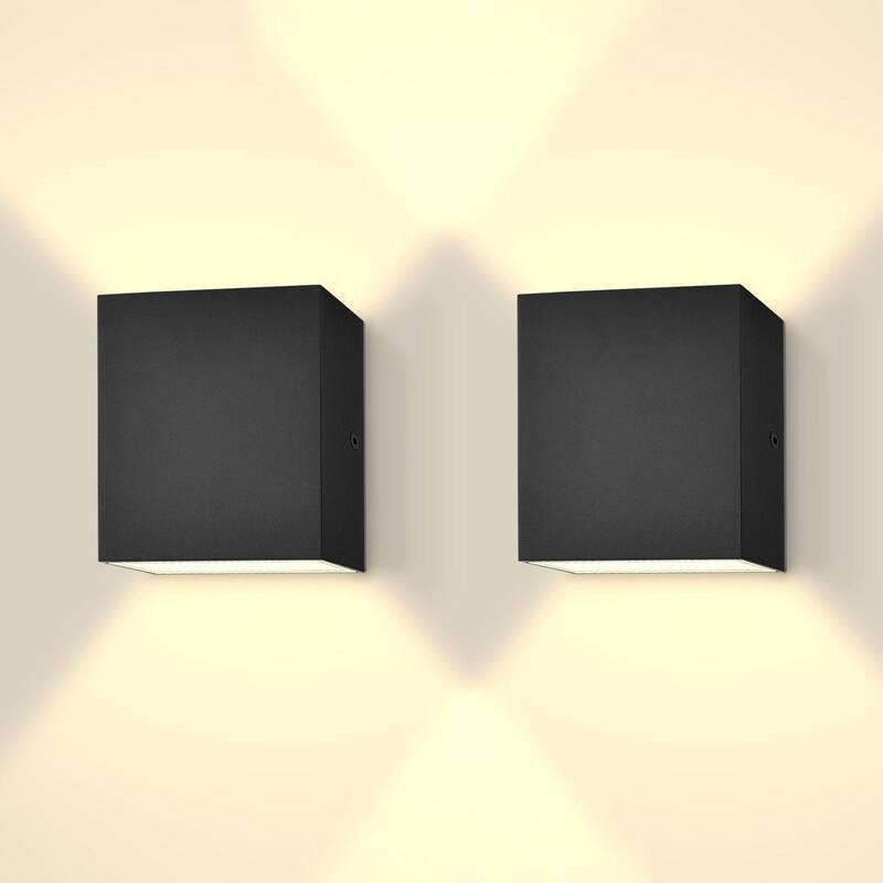 Luxrite Square LED Up and Down Wall Sconces Set of 2, Metal, 5CCT 2700K-5000K, 15W, 1000LM, IP65 Waterproof, ETL - Black - 2700/3000/3500/4000/5000