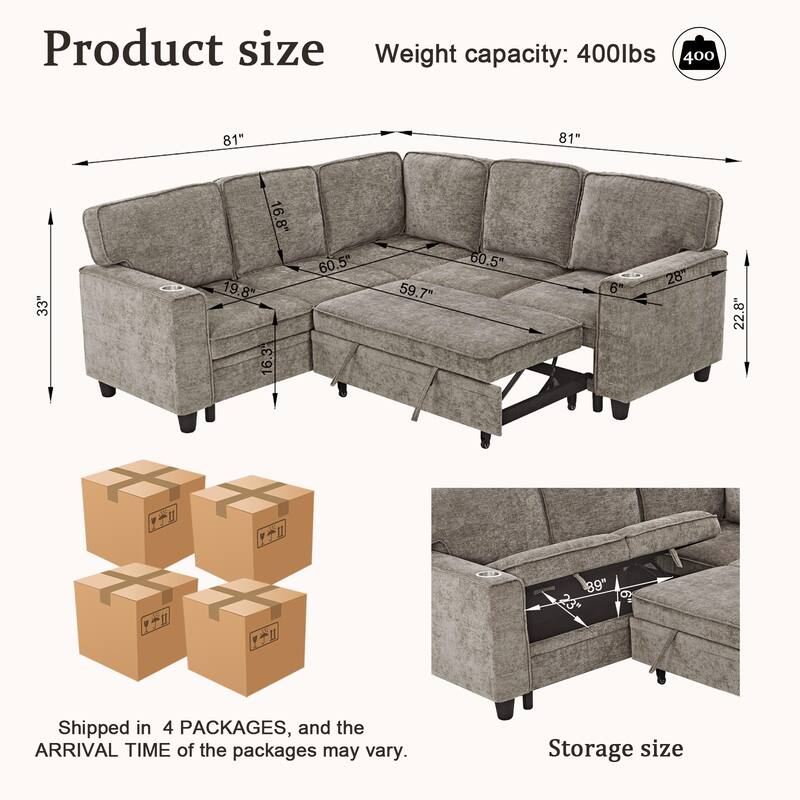 81" Chenille L-Shaped Sofa Bed with Pull-Out Mattress, Storage and USB Charging, 5-Seater