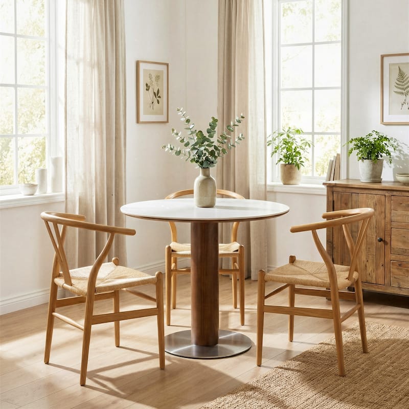 31.5 Inch Round Dining Table for 2-4, Solid Wood Circle Kitchen Table with Stainless Steel Pedestal, Sintered Stone Top