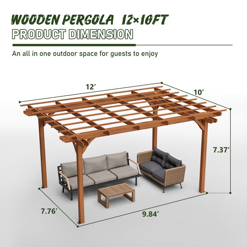 12x10 FT Outdoor Wood Pergola for Garden, Patio, and Backyard, Brown