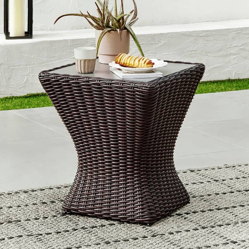Spruce & Spring Murphy Patio Outdoor Wicker Side Table with Cement Top - Chestnut Wicker