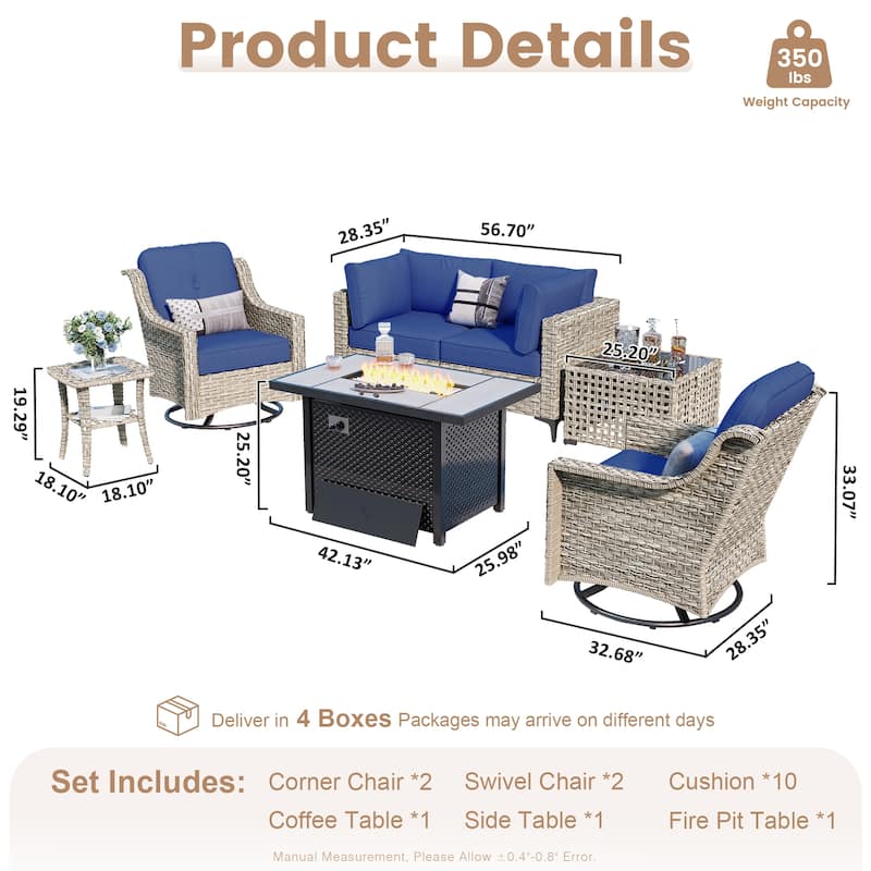 OVIOS 7 Pieces Outdoor Wicker Furniture Set With Solar-Powered Coffee Table&Fire Pit