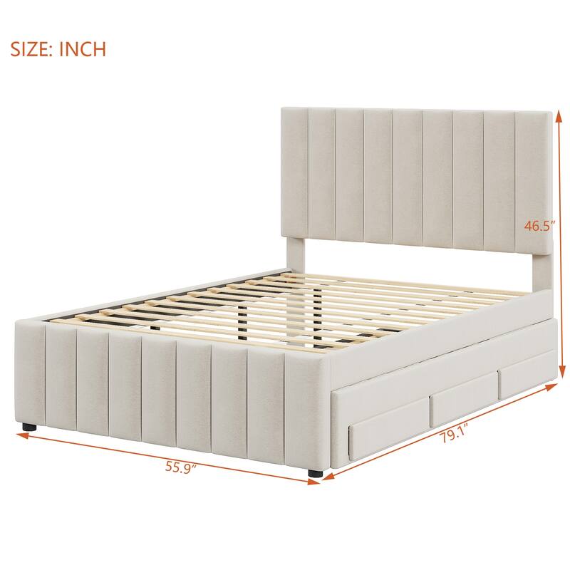Full Size Upholstered Platform Bed with Twin Trundle and 3 Drawers, Linen Fabric, Beige
