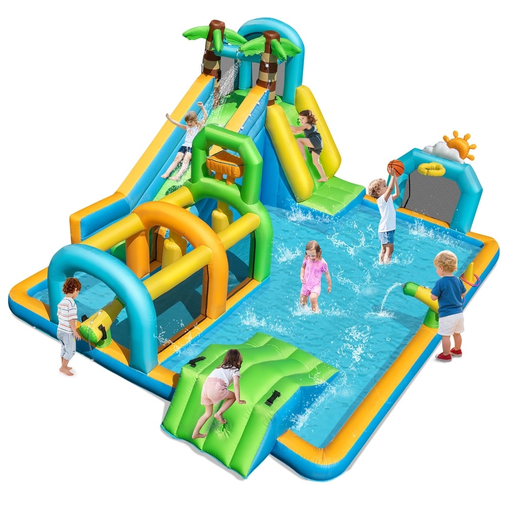 Costway Inflatable Water Park with Climbing Wall Basketball Rim Target - Multi-Colored