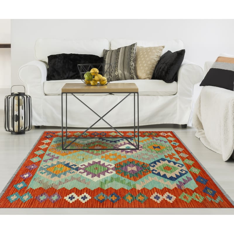 Flatweave Rihab Green/Red Rug - 3'5" x 4'7"