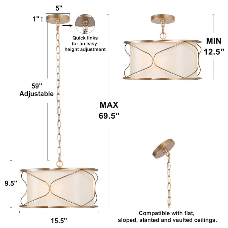 Flot Modern Farmhouse 3-light Gold Drum Chandelier Fabric Ceiling Lantern Pendant Lights - D 15.5'' x H 69.5''