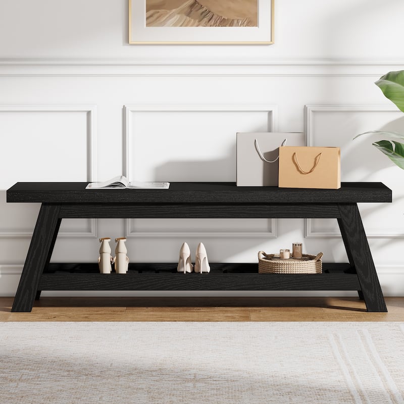 2-Tier Entryway Shoe Bench with Storage, 55-Inch Long Wood Storage Bench for Living Room, Bedrooms