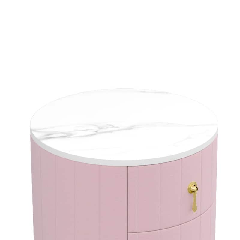 Velvet Upholstered Nightstand with 3 Drawers, Modern Cylinder-Shaped Bedside Table with Faux Marbling Top