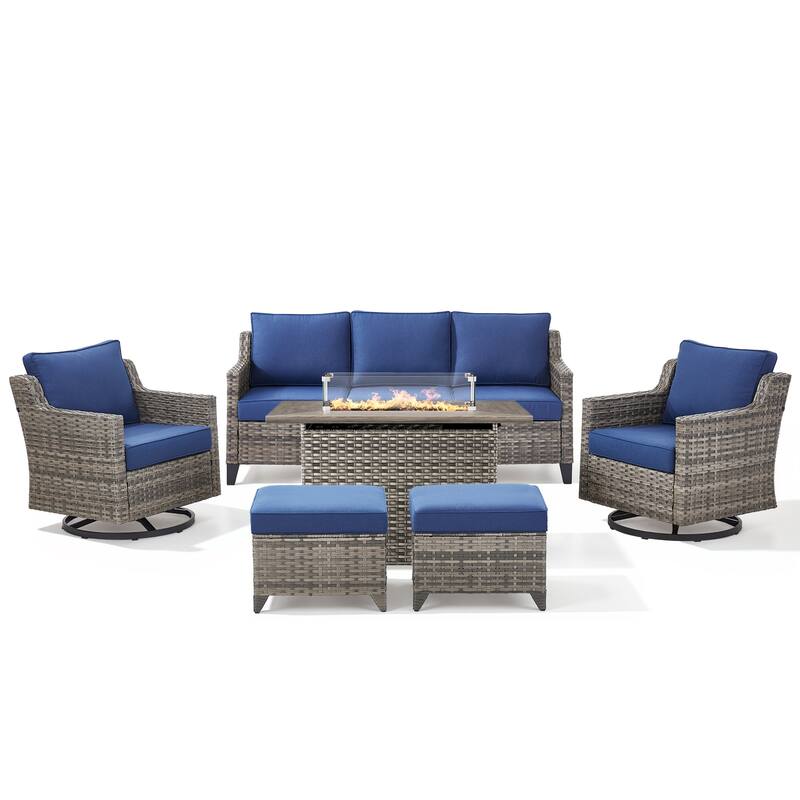 Pocassy 6 Pieces Outdoor Sofa Siwvel Chair Ottoman w/ Fire Table