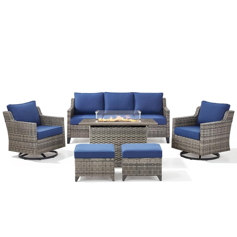 Pocassy Outdoor Swivel Chair with Sofa with Fire Pit Table