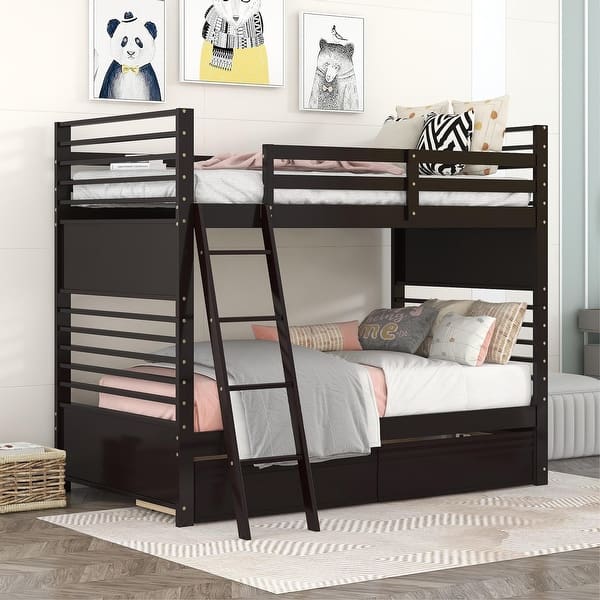 slide 2 of 58, Twin over Twin Wood Bunk Bed with Ladder and Two Drawers Espresso